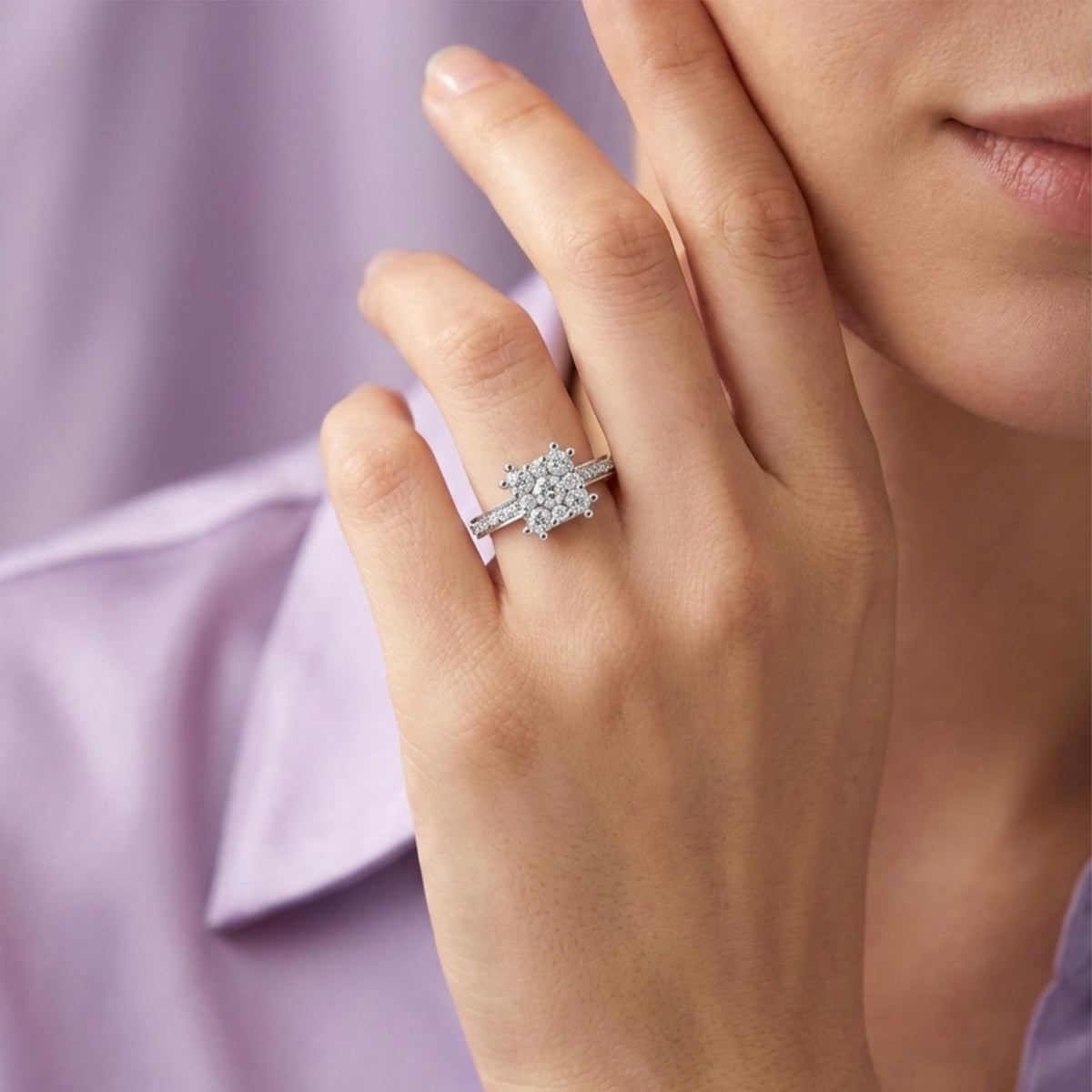 Silver Halo Cluster Solitaire Ring