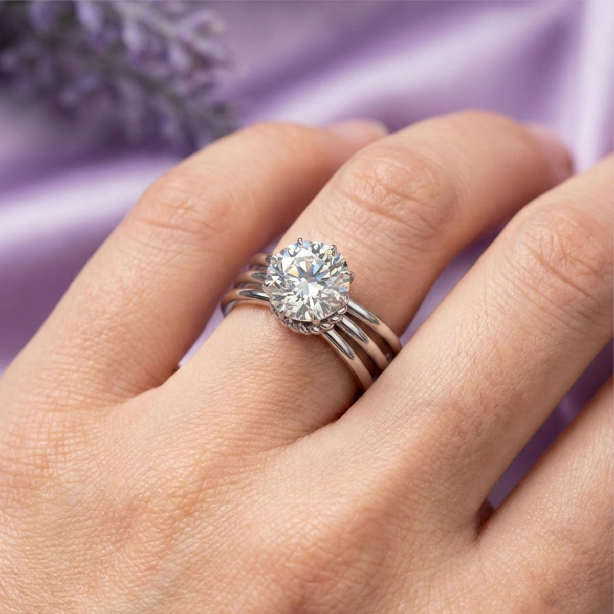 Silver Floral Multi-Band Solitaire Ring