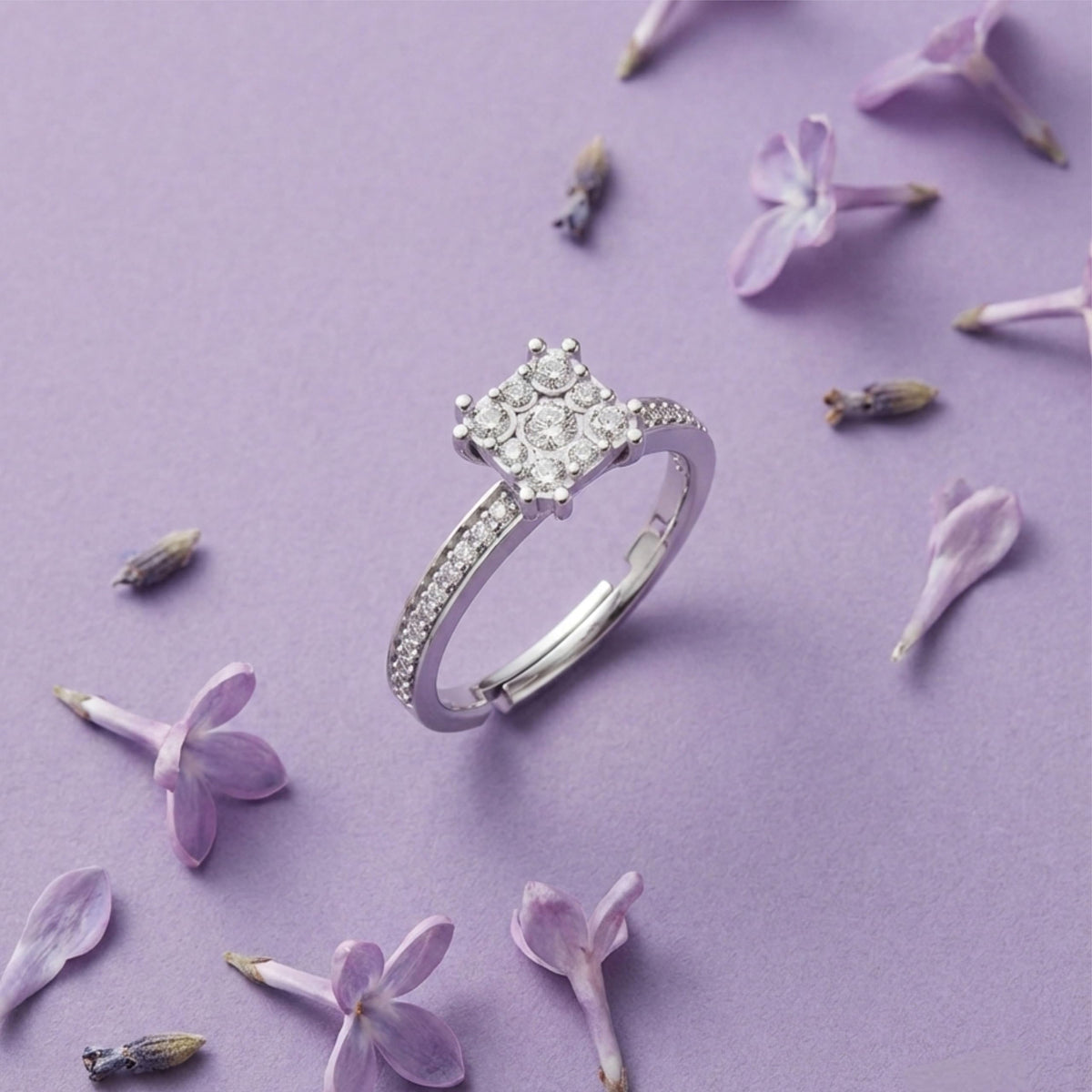 Silver Halo Cluster Solitaire Ring
