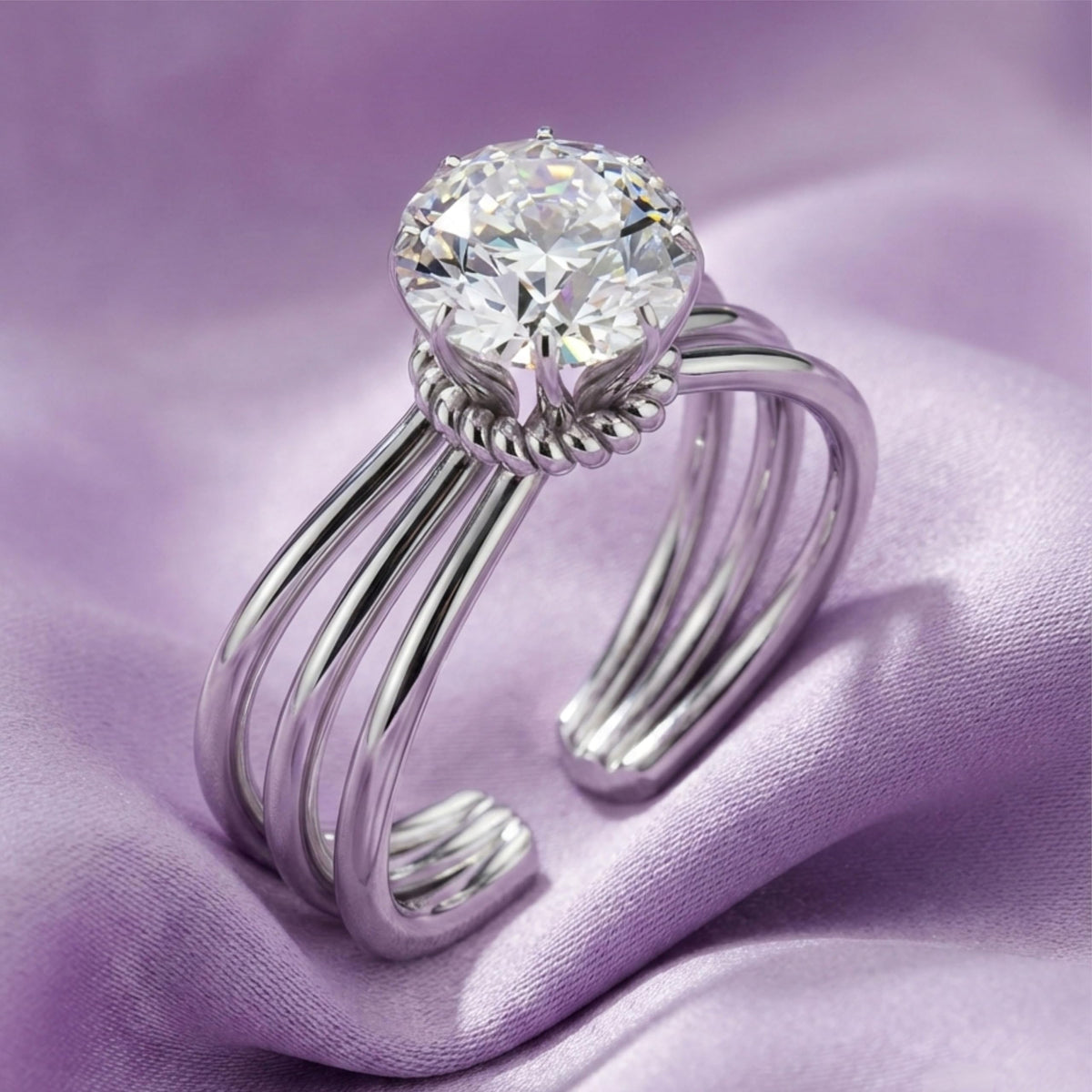 Silver Floral Multi-Band Solitaire Ring