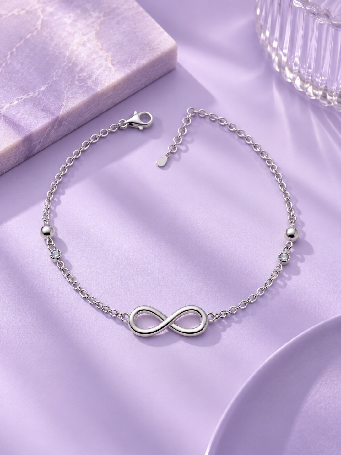 Infinity Charm Silver Anklet with Sparkling Stone Accents