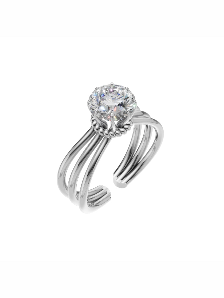 Silver Floral Multi-Band Solitaire Ring