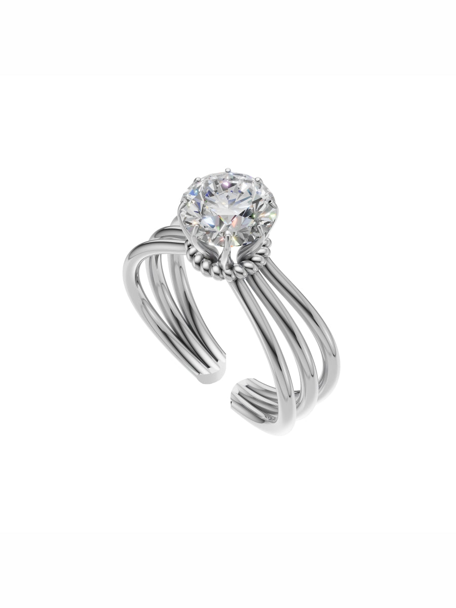 Silver Floral Multi-Band Solitaire Ring