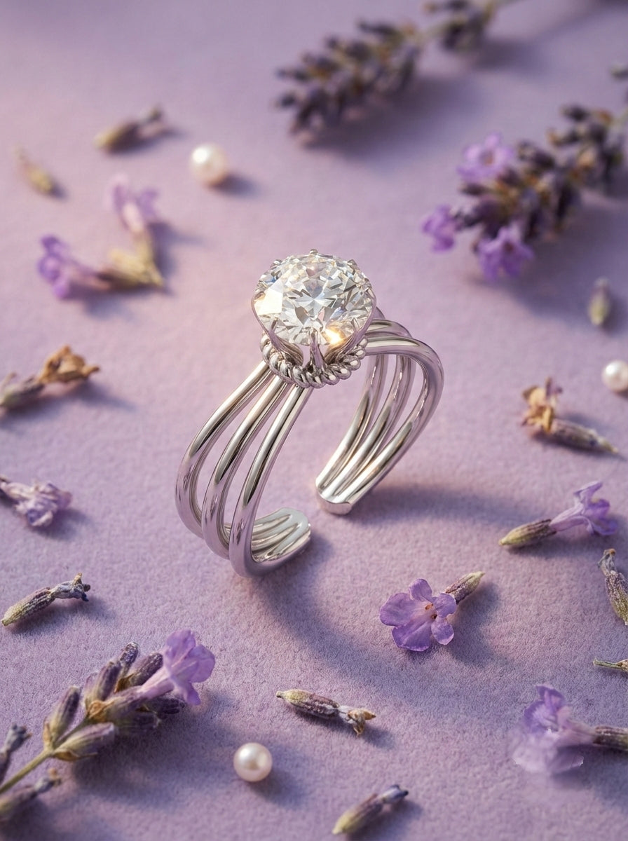 Silver Floral Multi-Band Solitaire Ring