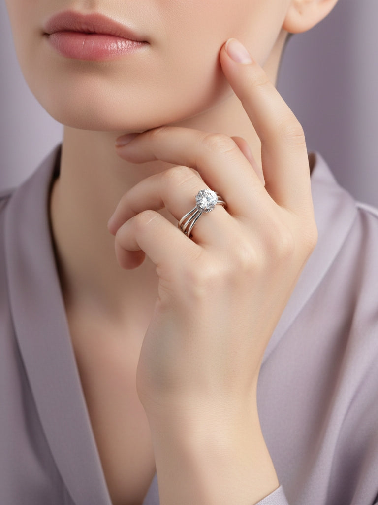 Silver Floral Multi-Band Solitaire Ring