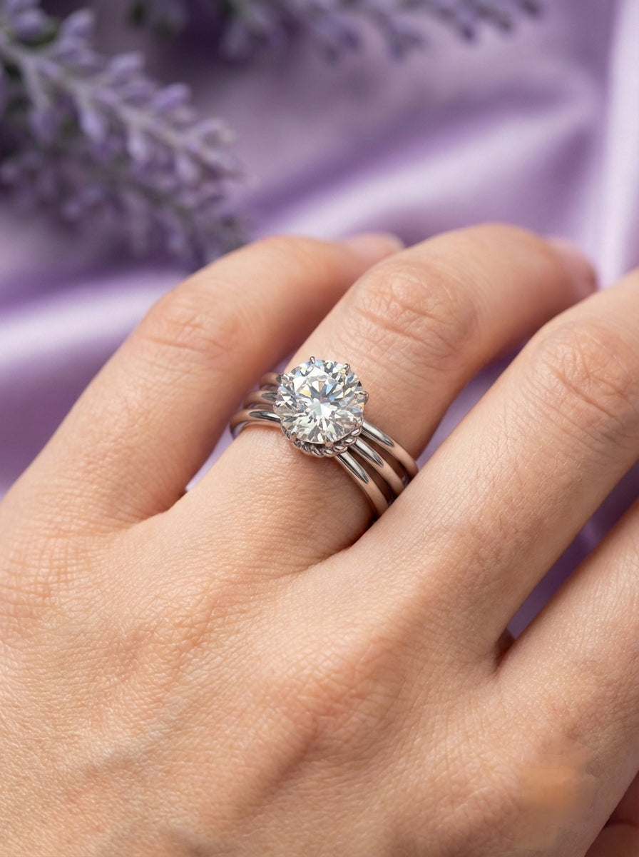 Silver Floral Multi-Band Solitaire Ring
