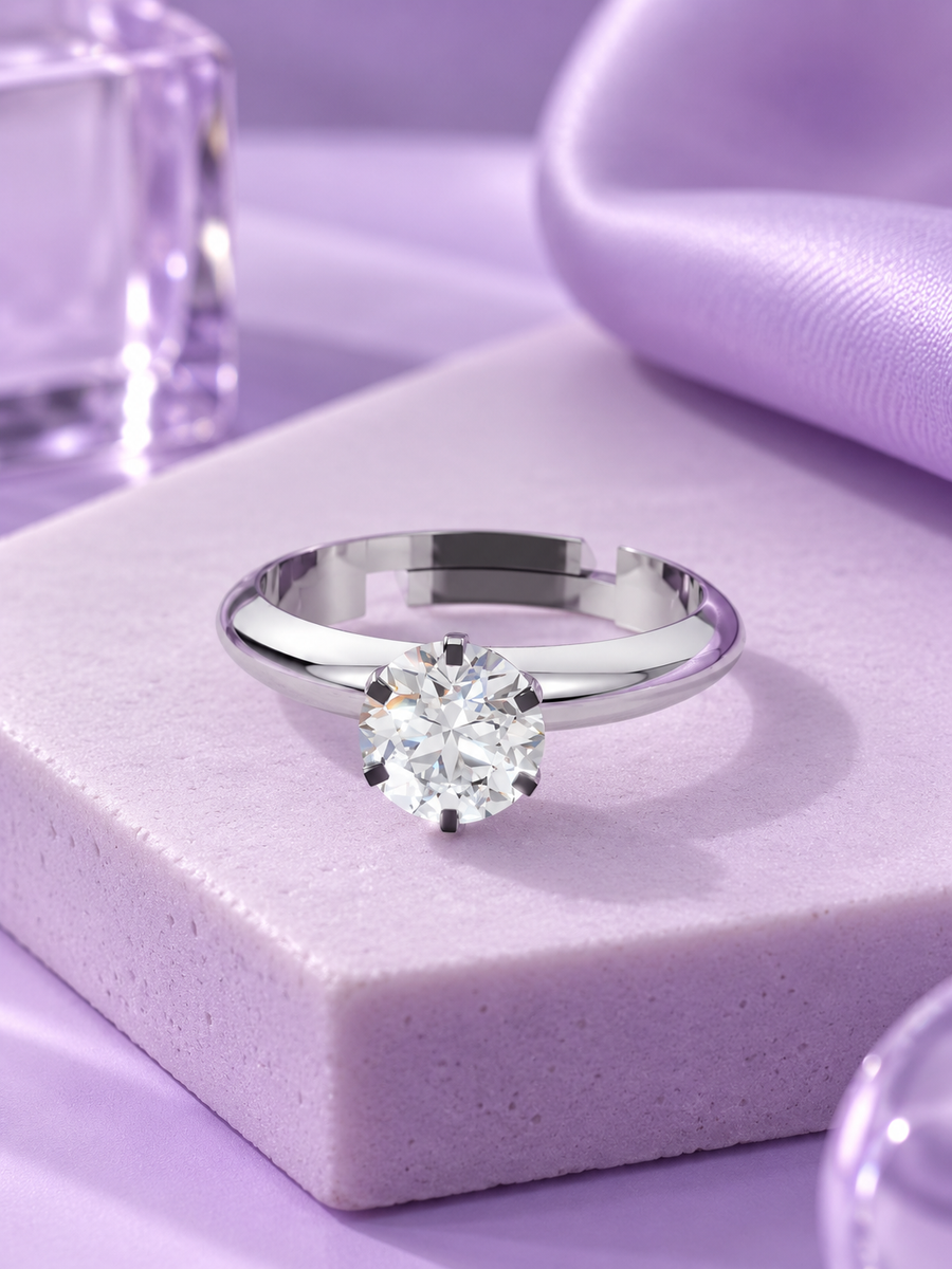 Silver Round Stone Solitaire Ring